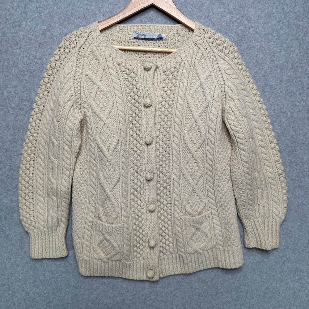 Heron Garment Vintage Irish Aran Wool Cable Knit‎ Cardigan Sweater Cream Women M